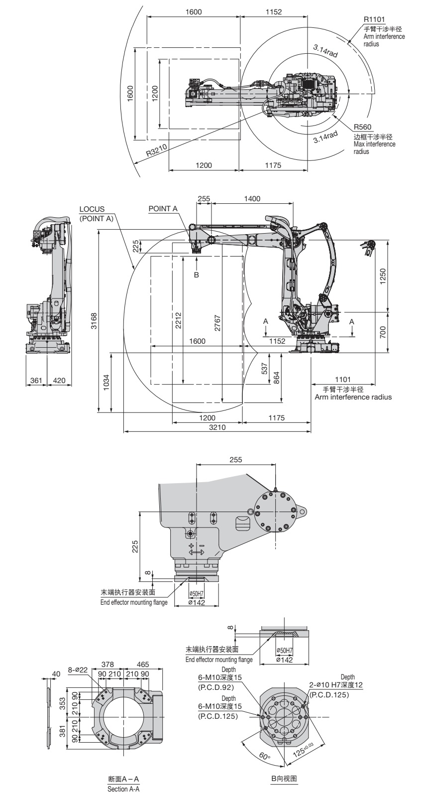 NACHI4轴码垛机器 LP130/180/210-01 外形尺寸及动作范围