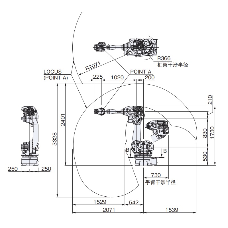 SRA100B-01 外形尺寸及动作范围