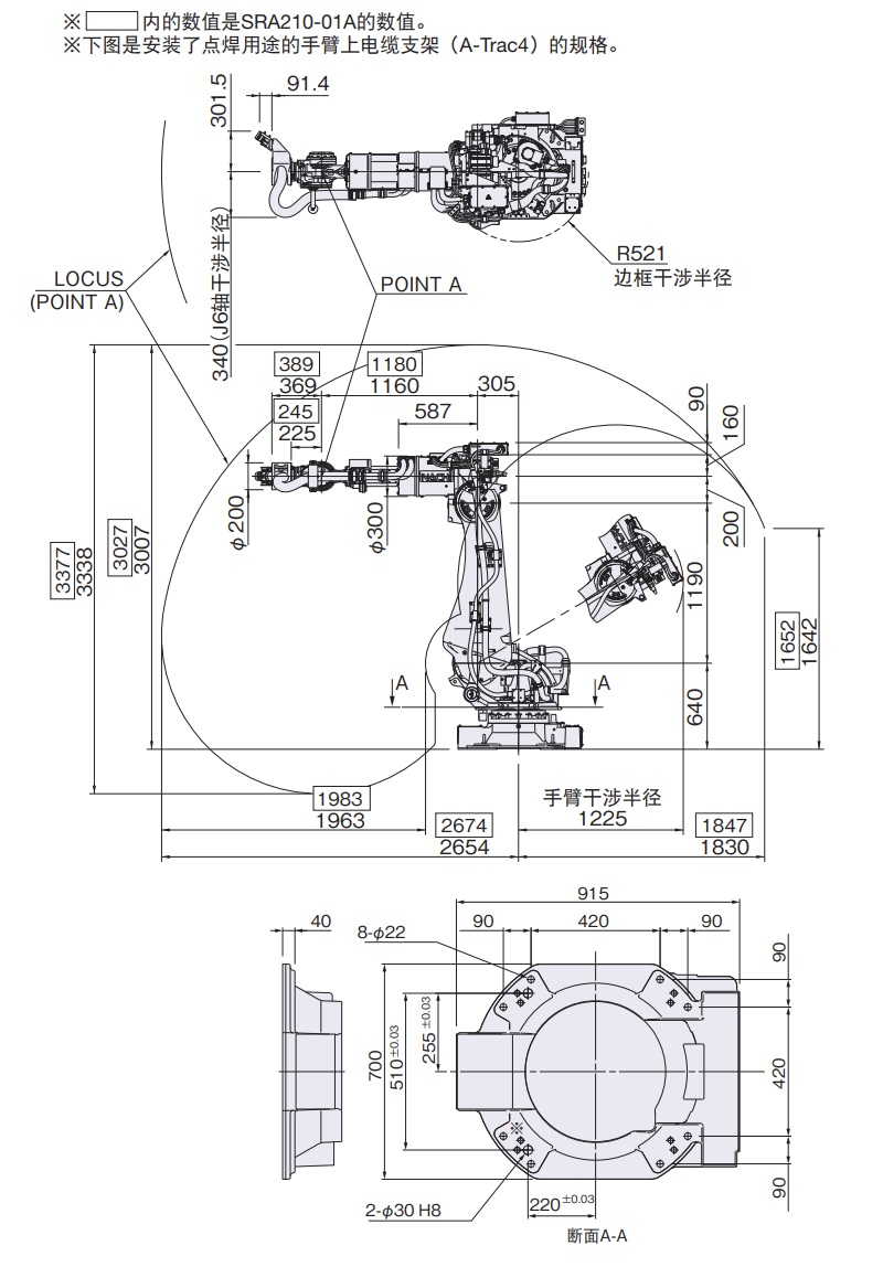 SRA166/210-01A系列 外形尺寸及动作范围